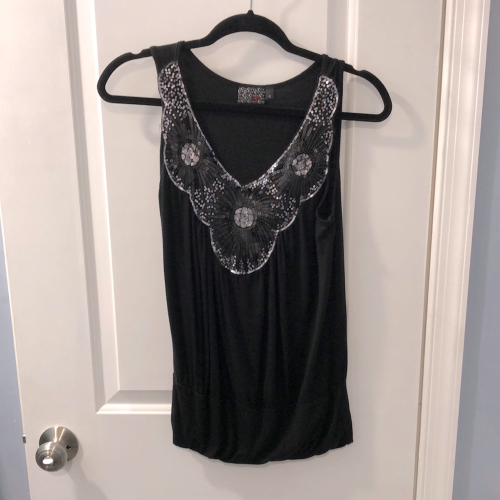 Medium black embellished tank top with fitted waist